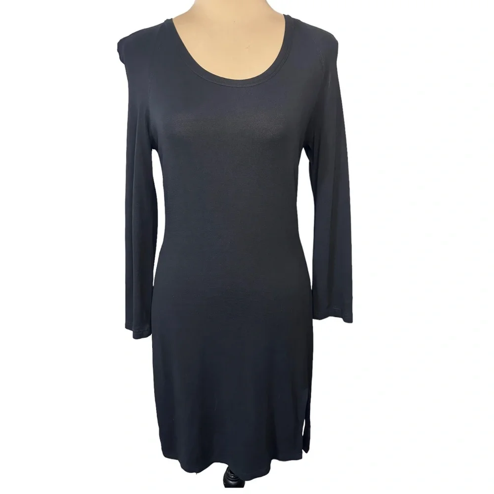 Donna Karan Black Jersey Knit Dress Minimalist Long Sleeve Side Slit Small